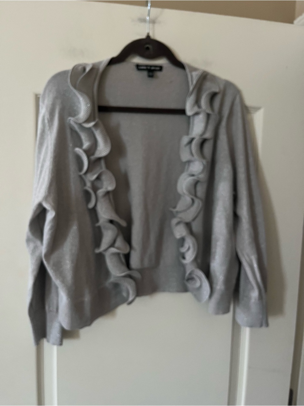 Cable & Gage Dressy, Shimmery Gray Ruffle-Trim Open Cardigan Size XL